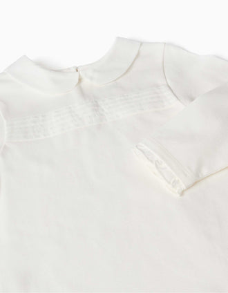 Long sleeve cotton T-shirt with front pleats for baby girls, white