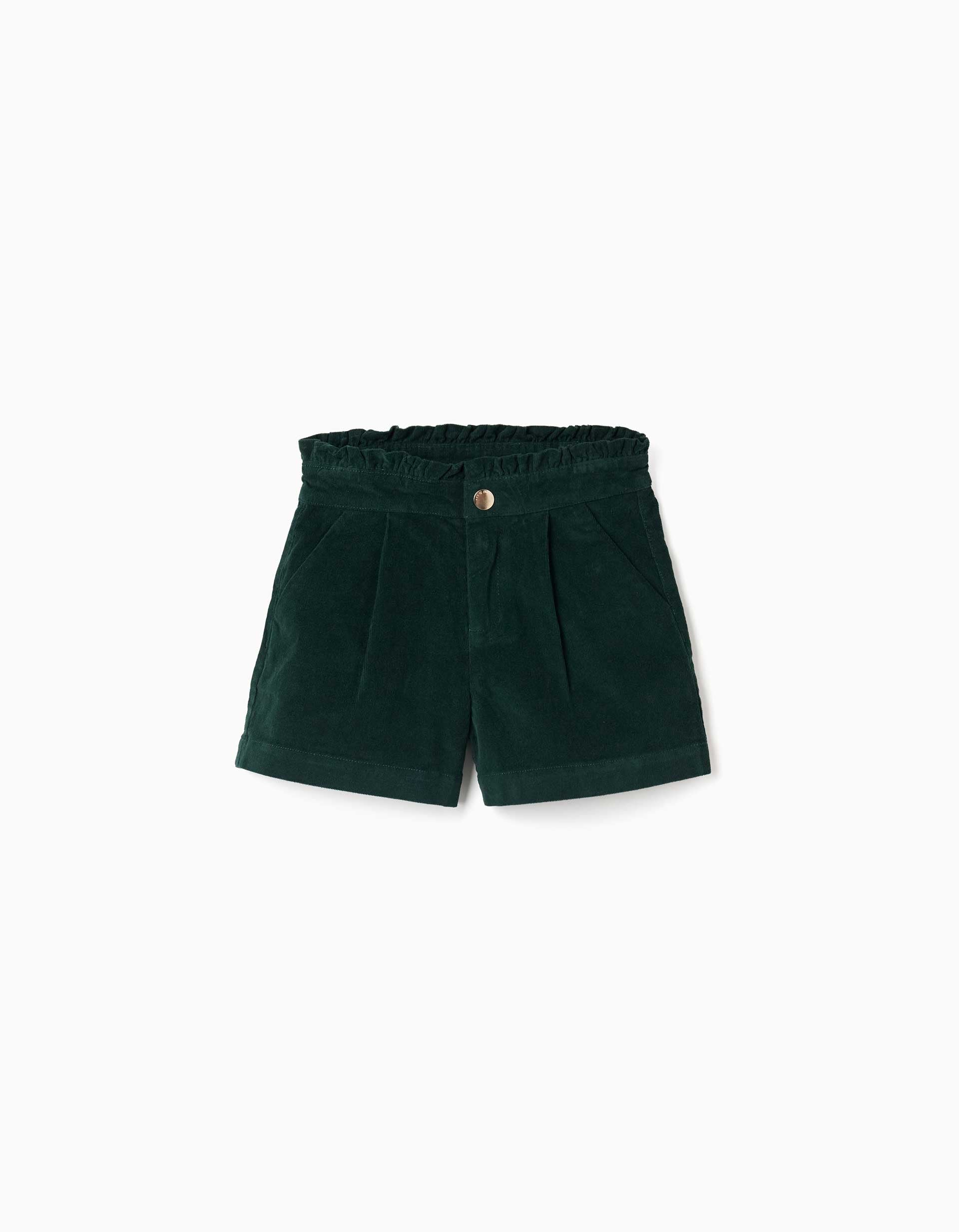 Corduroy shorts with front pleats for girls, dark green