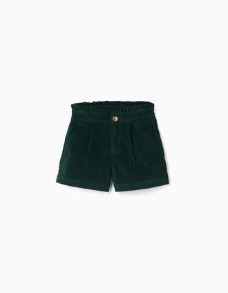 Corduroy shorts with front pleats for girls, dark green