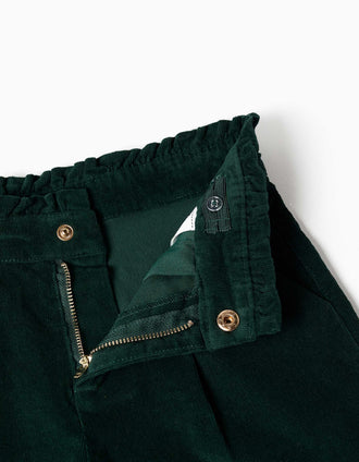 Corduroy shorts with front pleats for girls, dark green