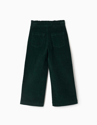 Calças de bombazine wide leg com bolsos para menina, verde-escuro