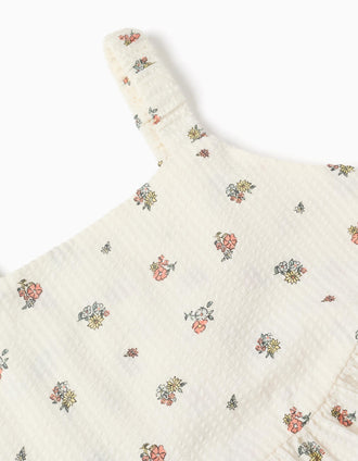 Sleeveless cotton dress with floral motif for girls, white