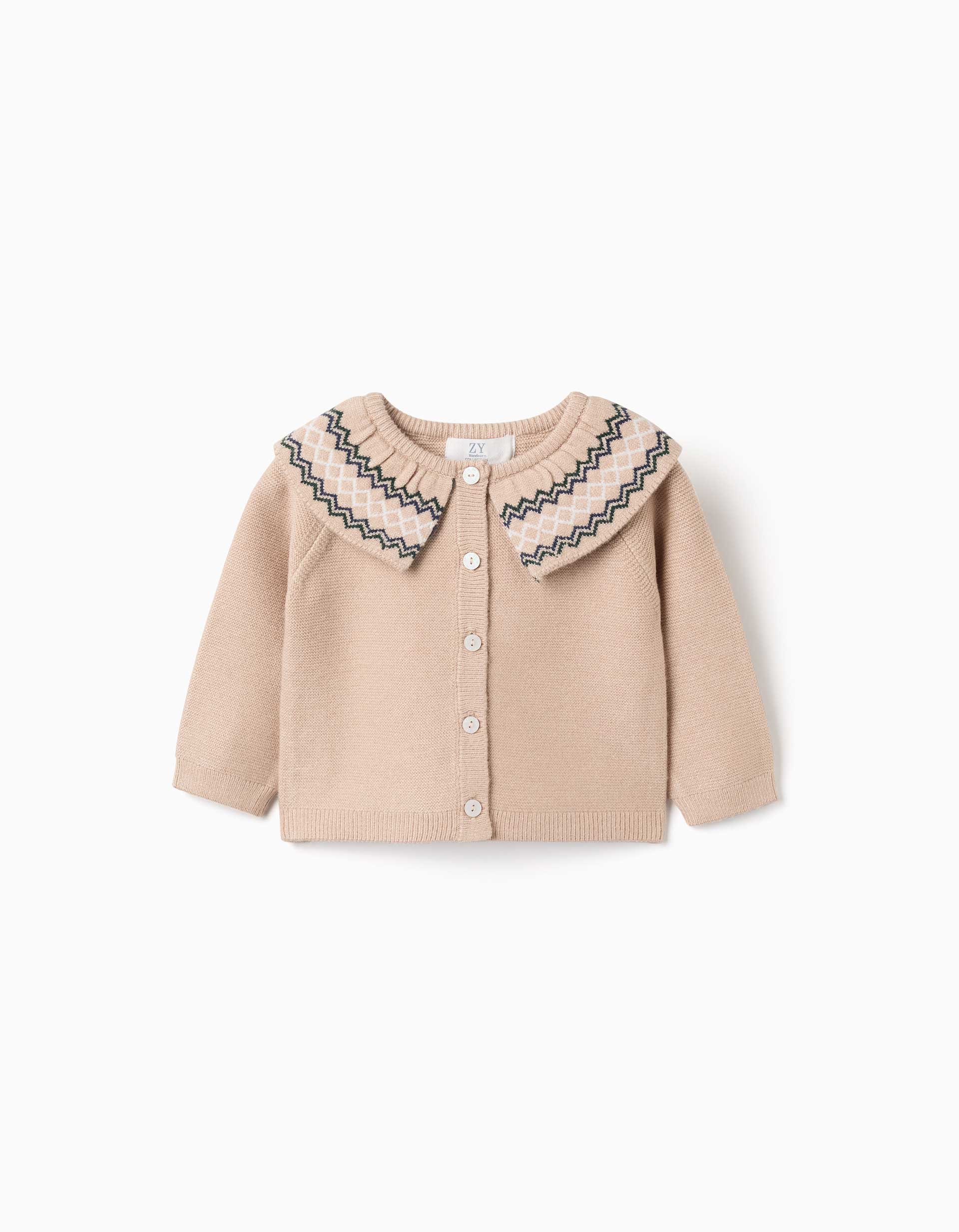 Knitted cardigan with jacquard collar for newborn girls, beige