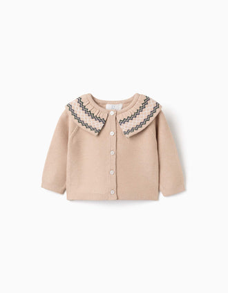 Knitted cardigan with jacquard collar for newborn girls, beige