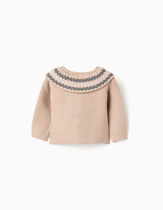Knitted cardigan with jacquard collar for newborn girls, beige