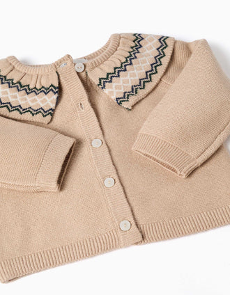 Knitted cardigan with jacquard collar for newborn girls, beige