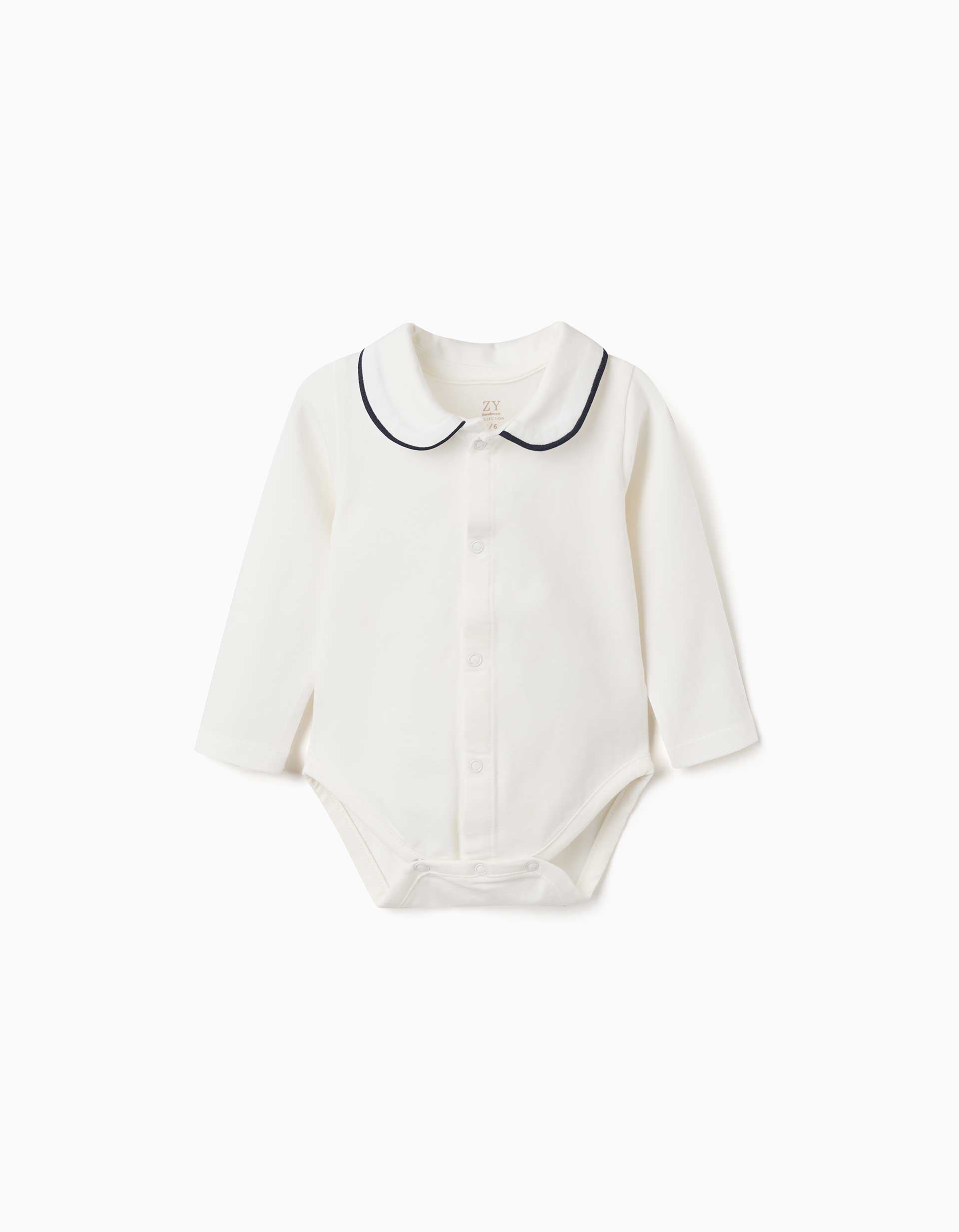 Body de manga larga con cuello Peter Pan para recién nacidos, blanco/azul