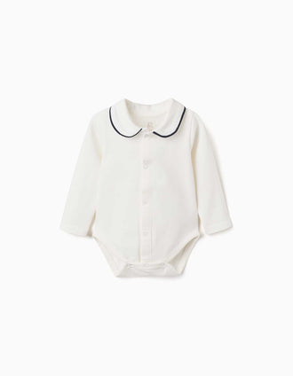 Body de manga larga con cuello Peter Pan para recién nacidos, blanco/azul