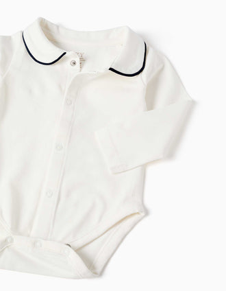 Body de manga larga con cuello Peter Pan para recién nacidos, blanco/azul