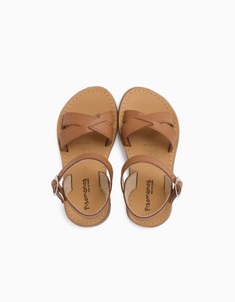 Pisamonas leather sandals with crossed straps and buckle for girls, camel