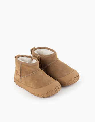 Victoria suede ankle boots with plush lining for babies and children, camel