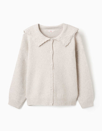 Knitted cardigan with embroidered collar You&Me for women, light beige
