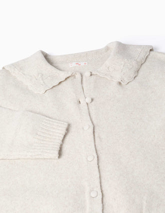 Knitted cardigan with embroidered collar You&Me for women, light beige