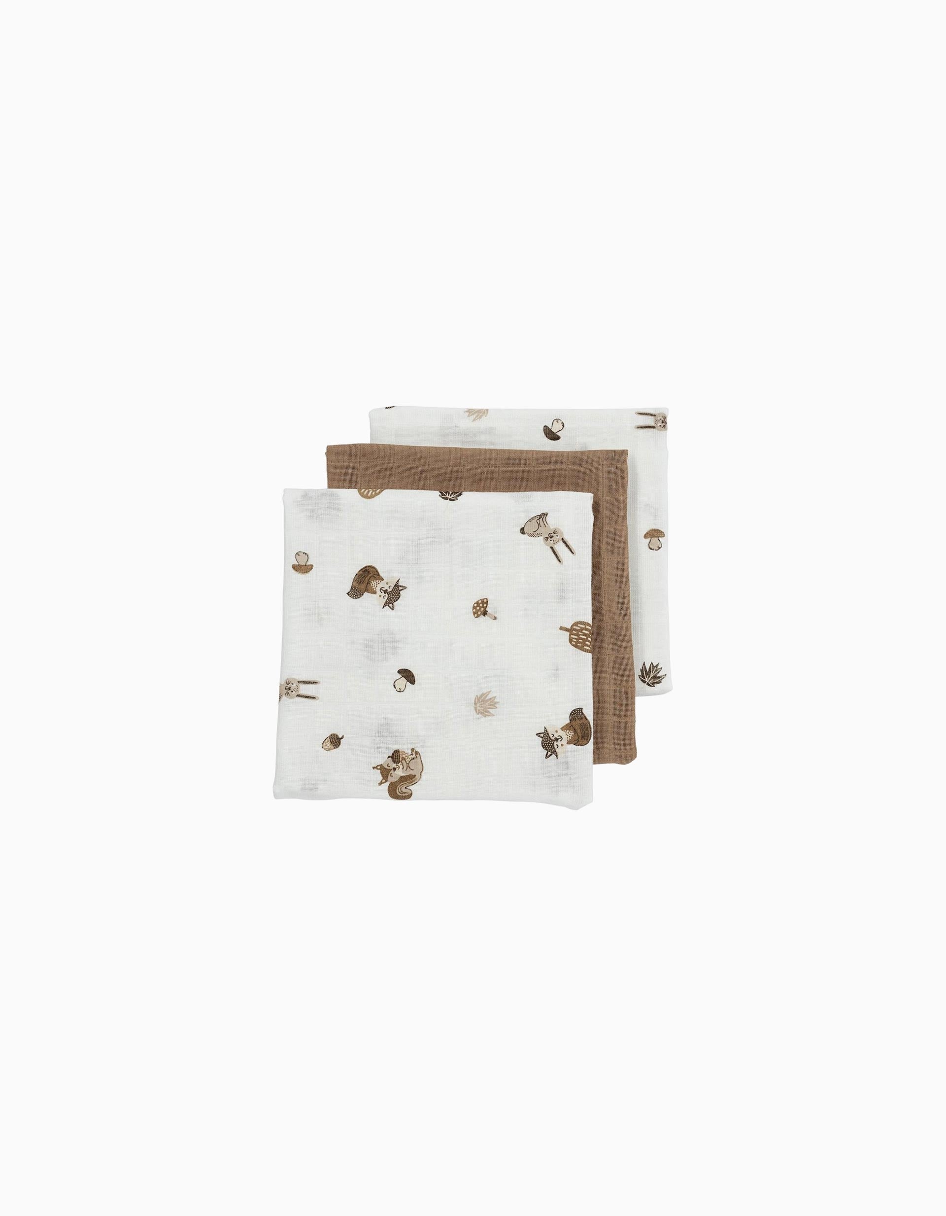 Lot de 3 Langes en Mousseline Meyco 70X70 cm, Forest Animals Toffee