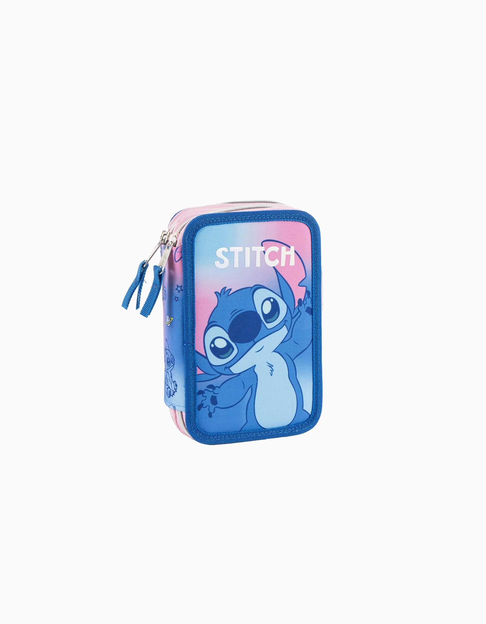 Triple pencil case 43 pieces Disney Stitch for children, blue/pink