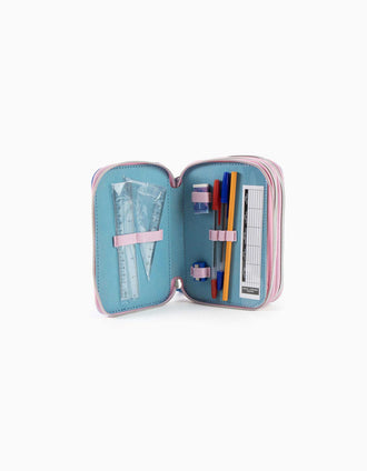 Triple pencil case 43 pieces Disney Stitch for children, blue/pink