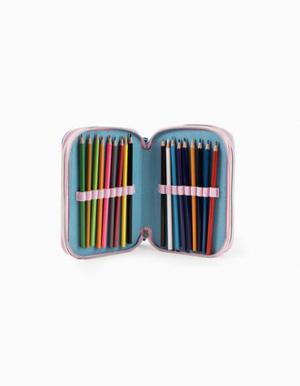 Triple pencil case 43 pieces Disney Stitch for children, blue/pink
