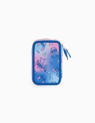 Triple pencil case 43 pieces Disney Stitch for children, blue/pink