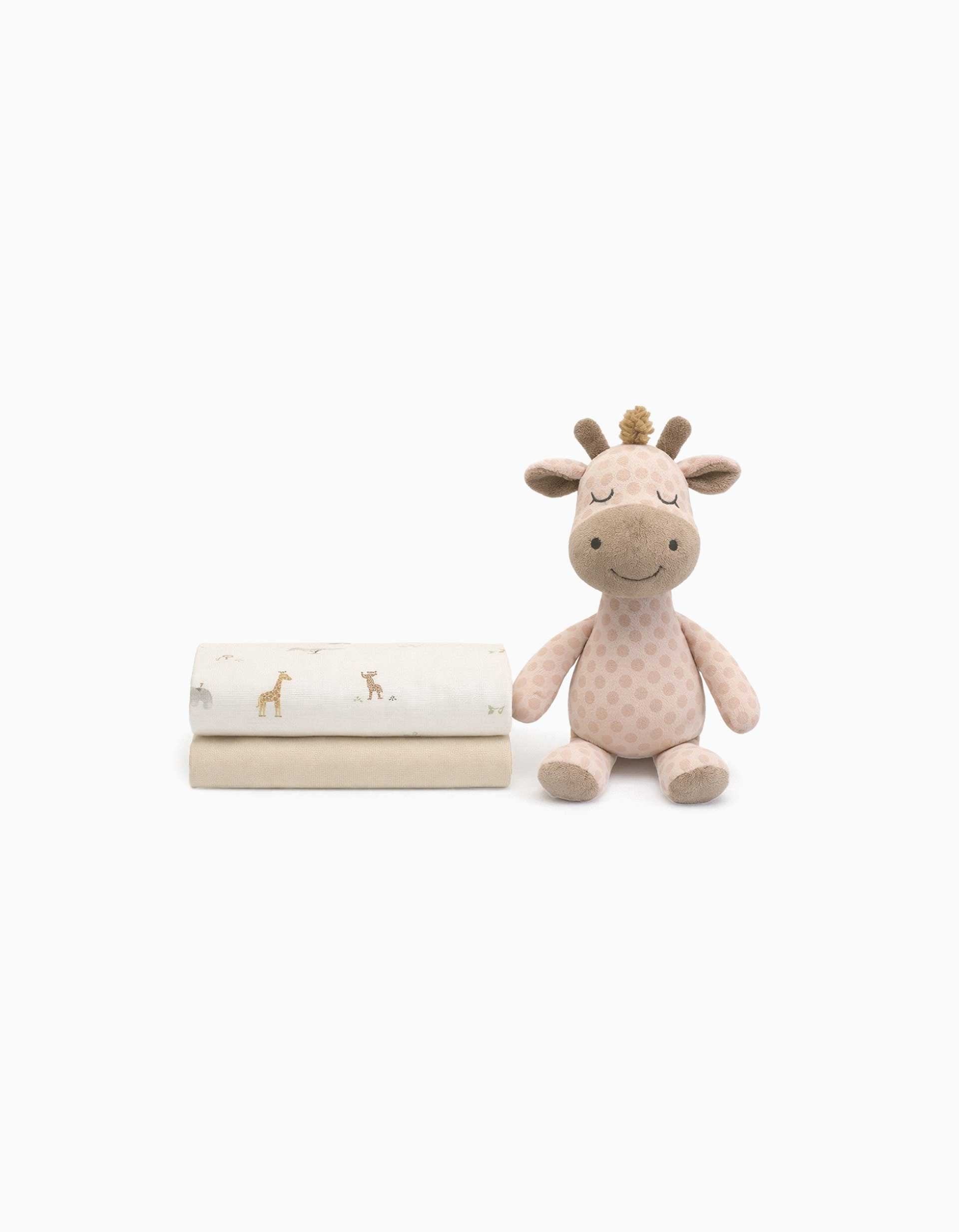 Pack de Peluche e 2 Fraldas de Algodão Jirafa Interbaby