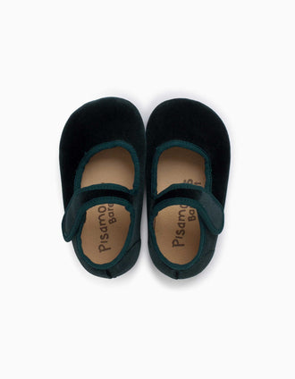 Pisamonas Barefoot velvet Mary Jane shoes for babies and girls, green