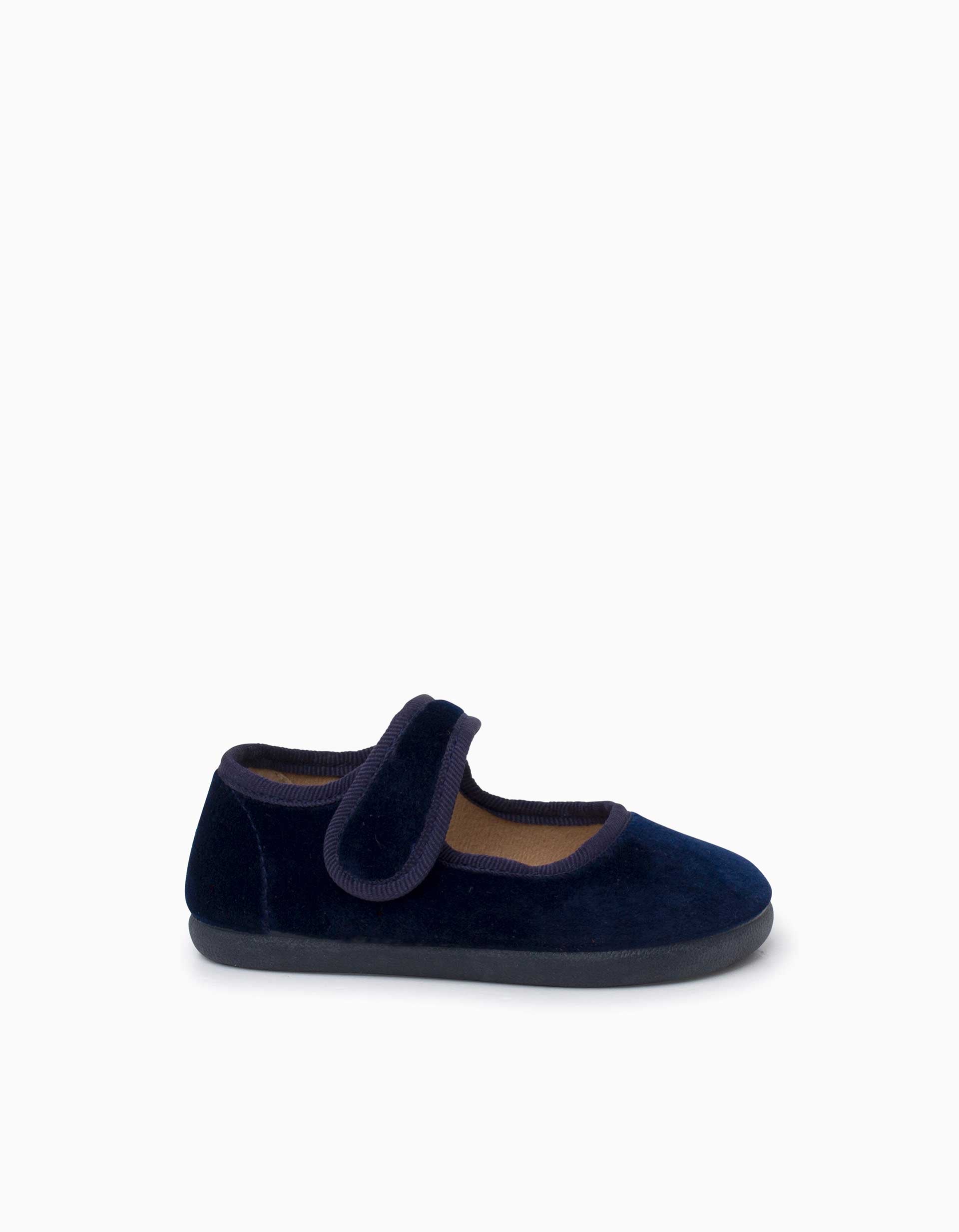 Pisamonas Barefoot velvet Mary Jane shoes for babies and girls, navy blue