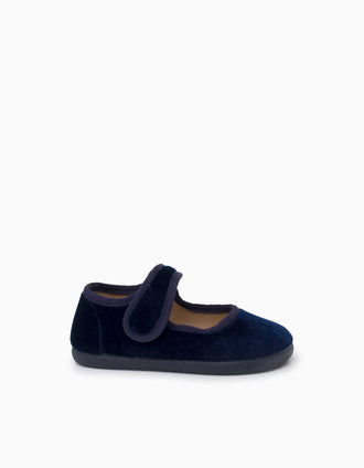 Pisamonas Barefoot velvet Mary Jane shoes for babies and girls, navy blue