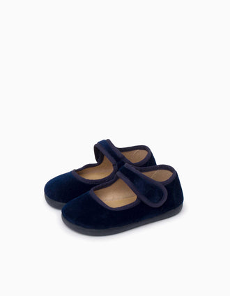 Pisamonas Barefoot velvet Mary Jane shoes for babies and girls, navy blue