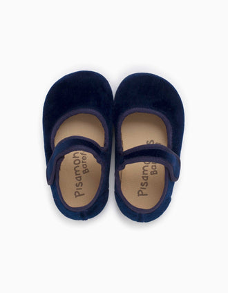 Pisamonas Barefoot velvet Mary Jane shoes for babies and girls, navy blue