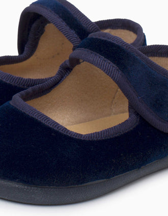 Pisamonas Barefoot velvet Mary Jane shoes for babies and girls, navy blue