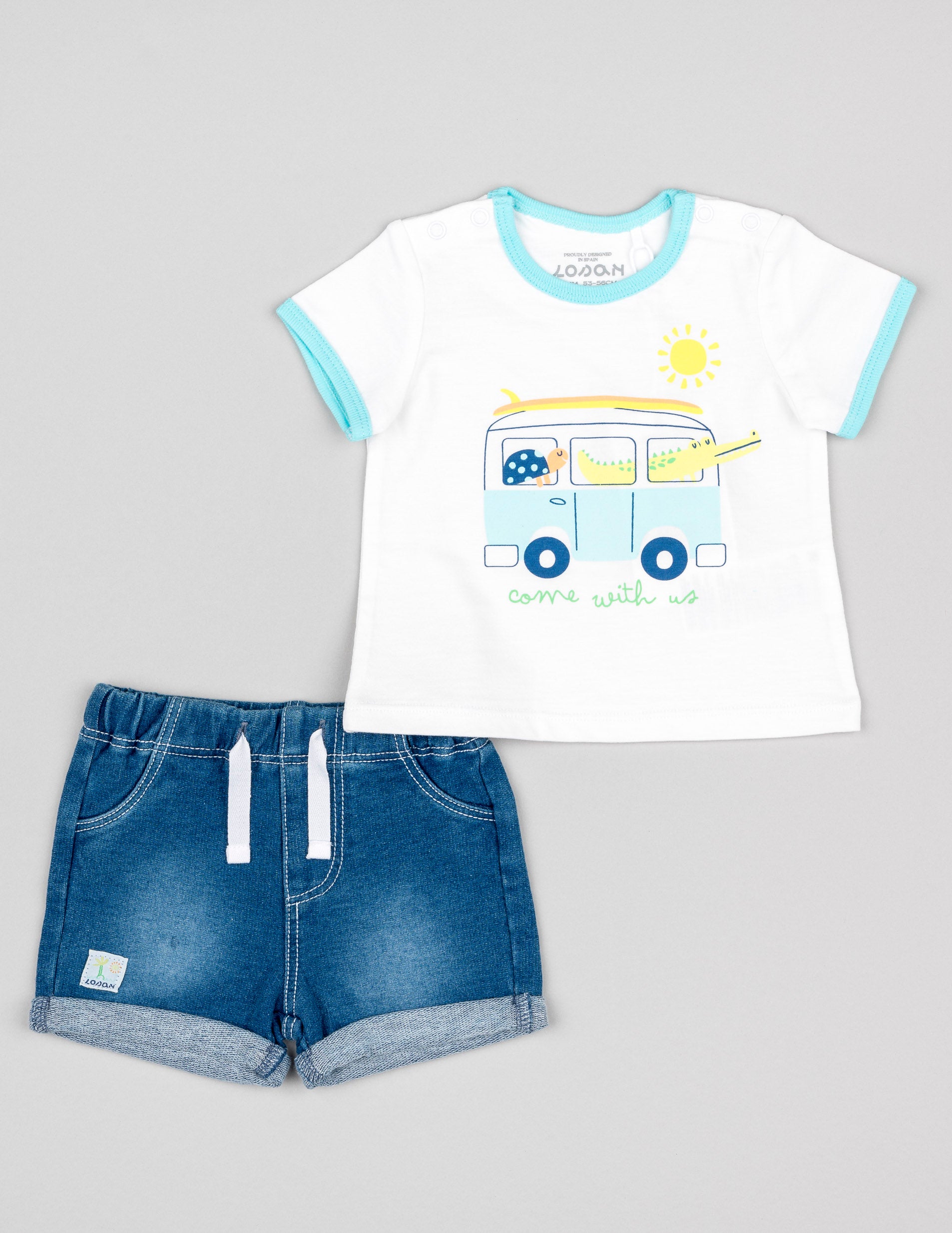 T-shirt + Calções para Recém-Nascido 'Autocarro', Branco/Azul