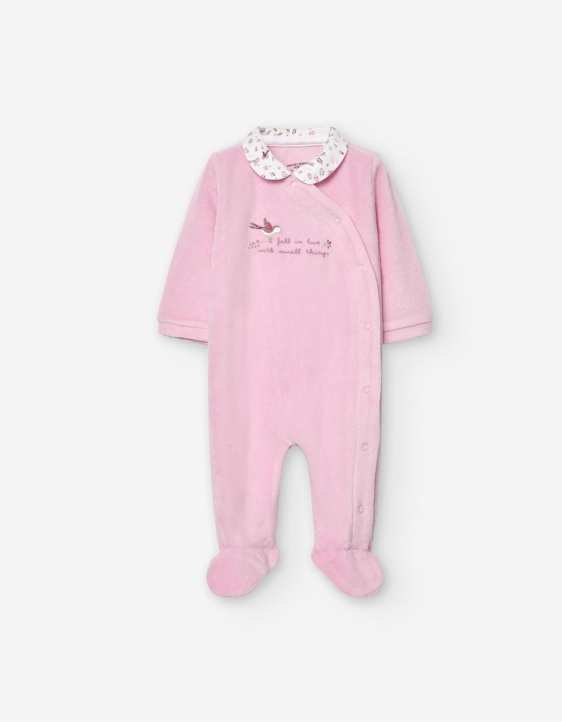 Babygrow de Veludo para Recém-Nascida 'Passarinho', Rosa