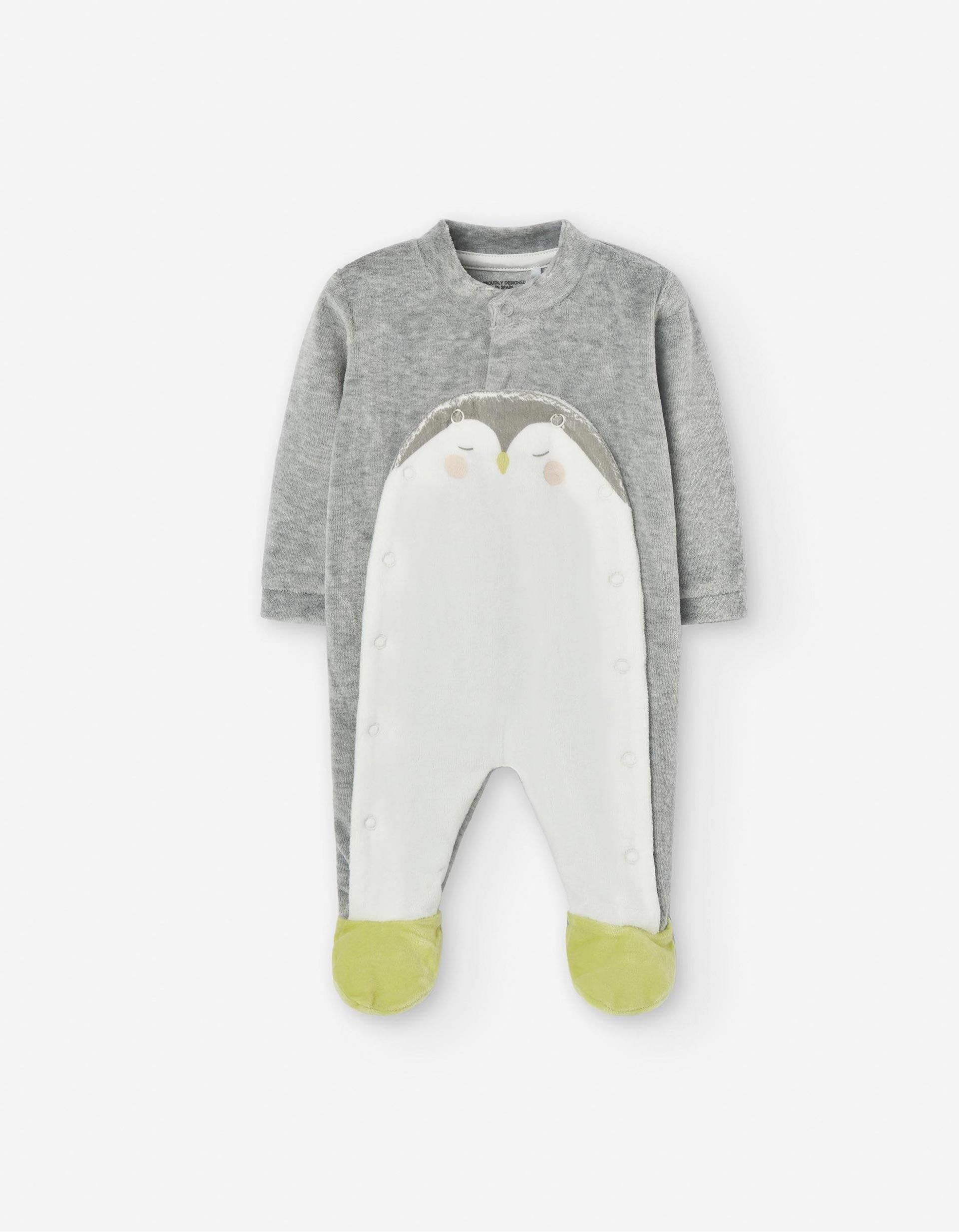 Babygrow de Veludo para Recém-Nascido 'Pinguim', Cinza/Branco