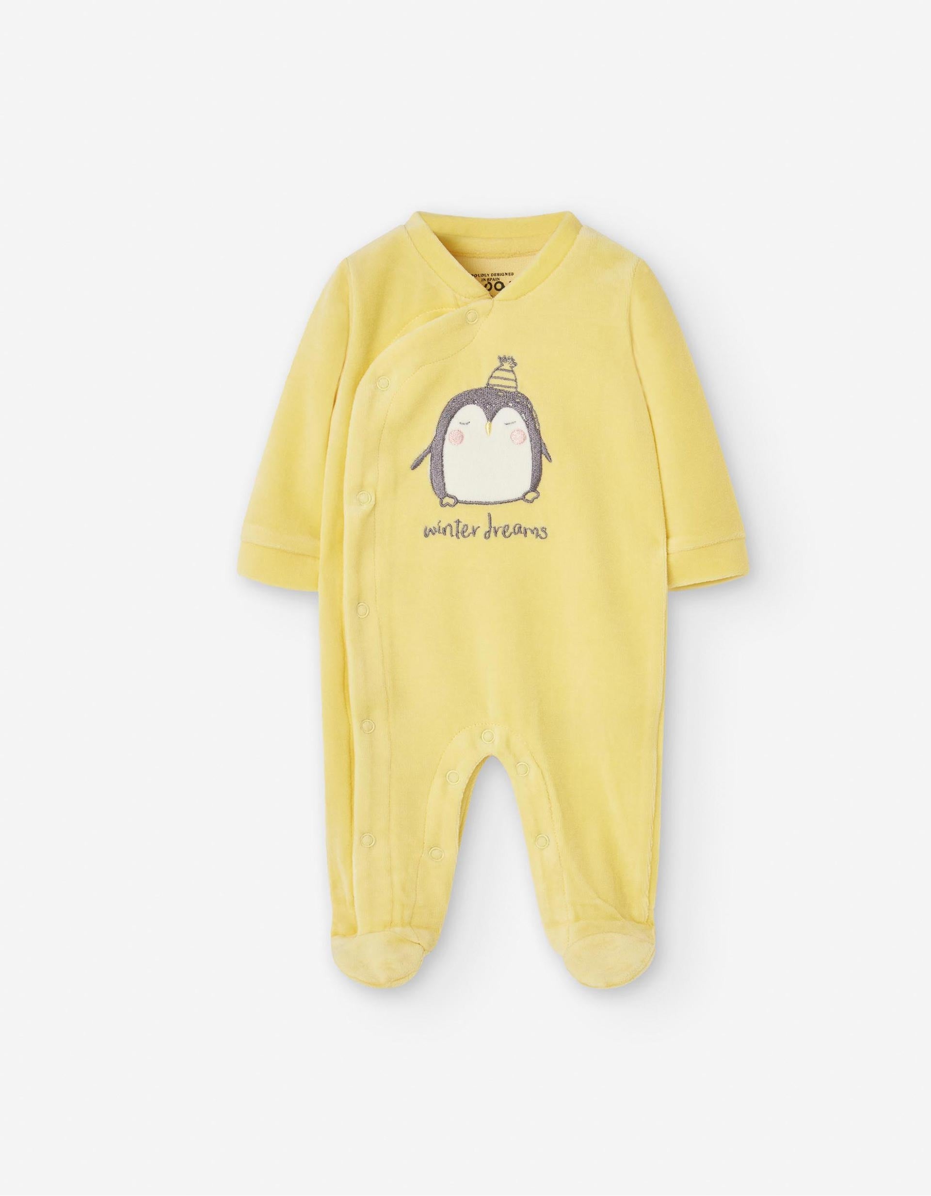 Babygrow de Veludo para Recém-Nascido 'Pinguim', Amarelo