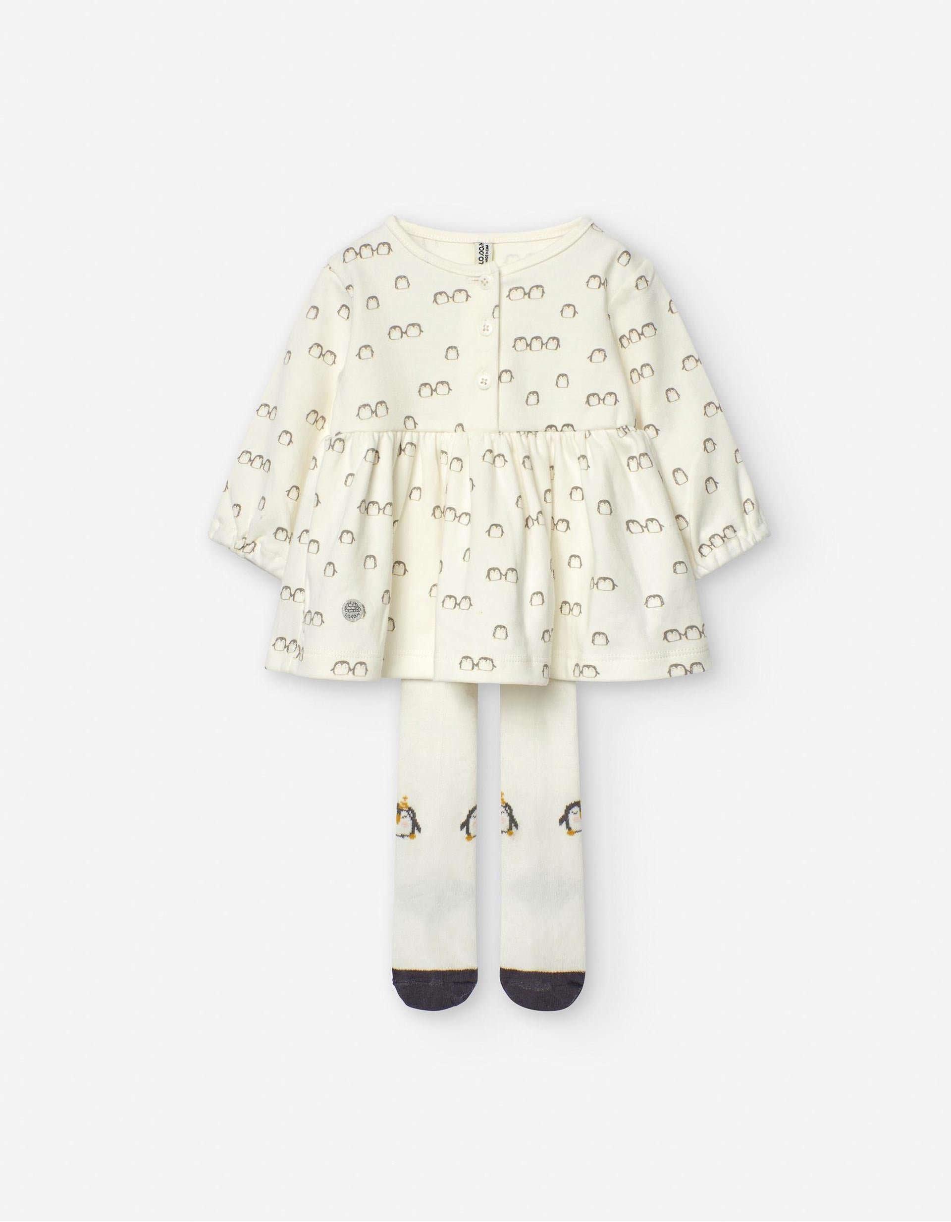 Ensemble de Robe + Collant pour Nouveau-née 'Pingouin', Blanc