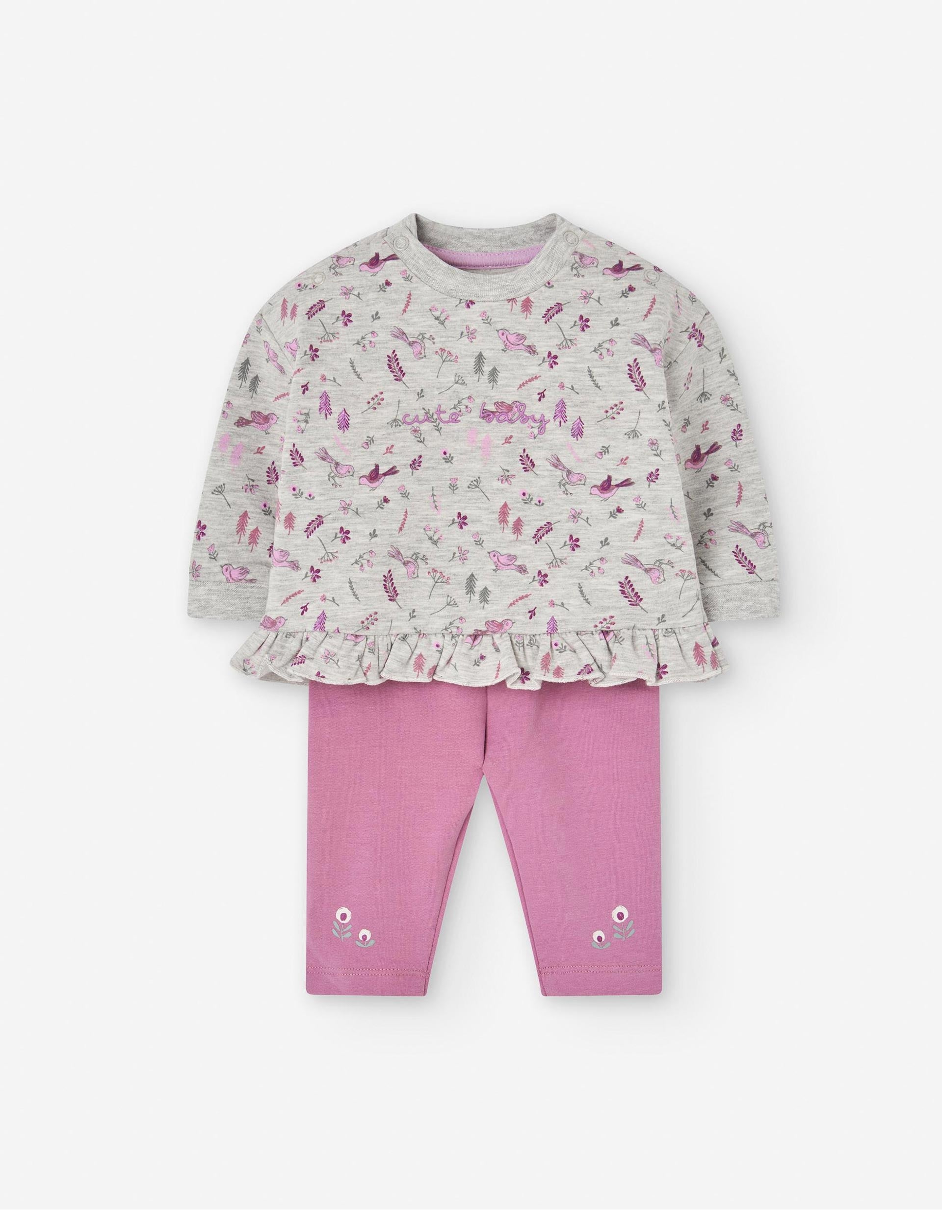 Ensemble Sweat + Jogpant pour Nouveau-né 'Oiseaux', Gris/Rose