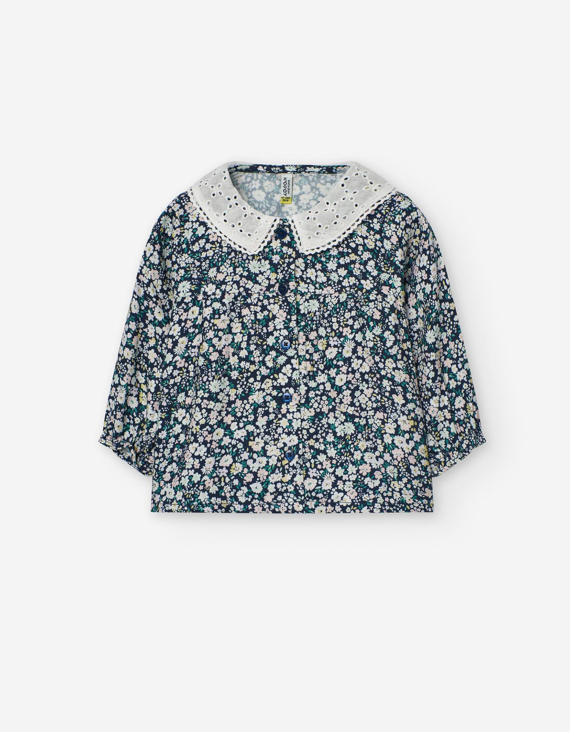 Blusa Floral com Gola de Bordado Inglês para Bebé Menina, Azul