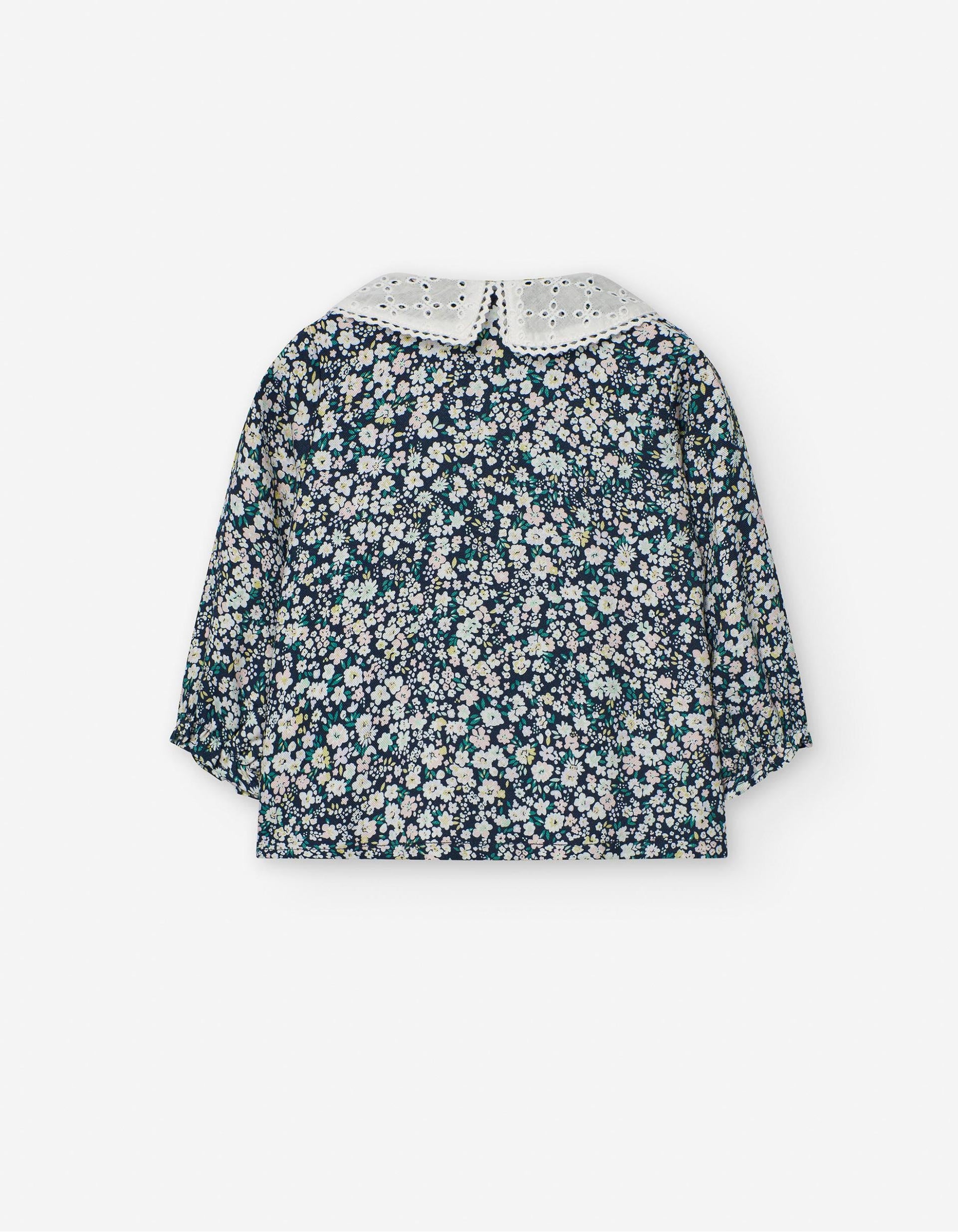 Blusa Floral com Gola de Bordado Inglês para Bebé Menina, Azul