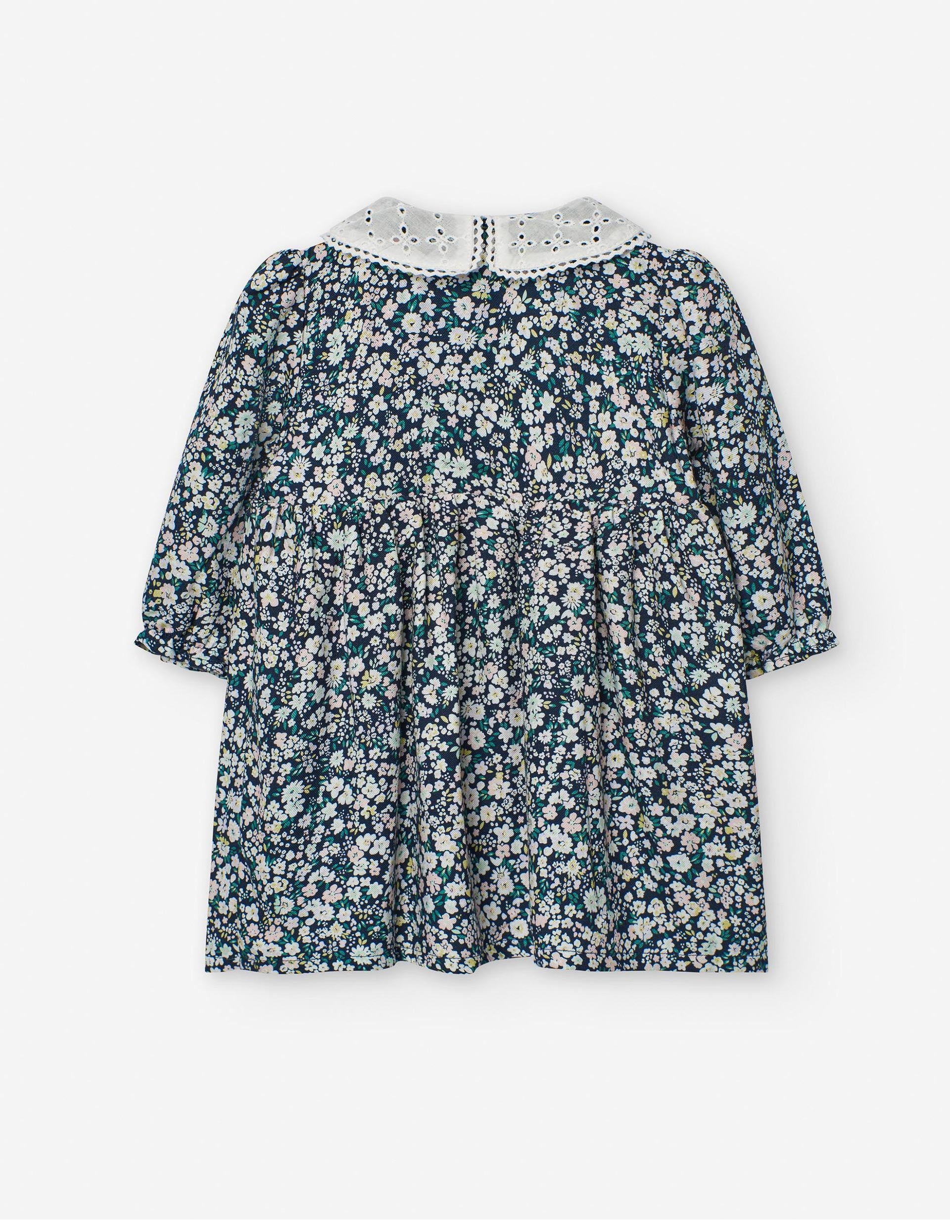 Robe Florale avec Col en Broderie Anglaise pour Bébé Fille, Bleu