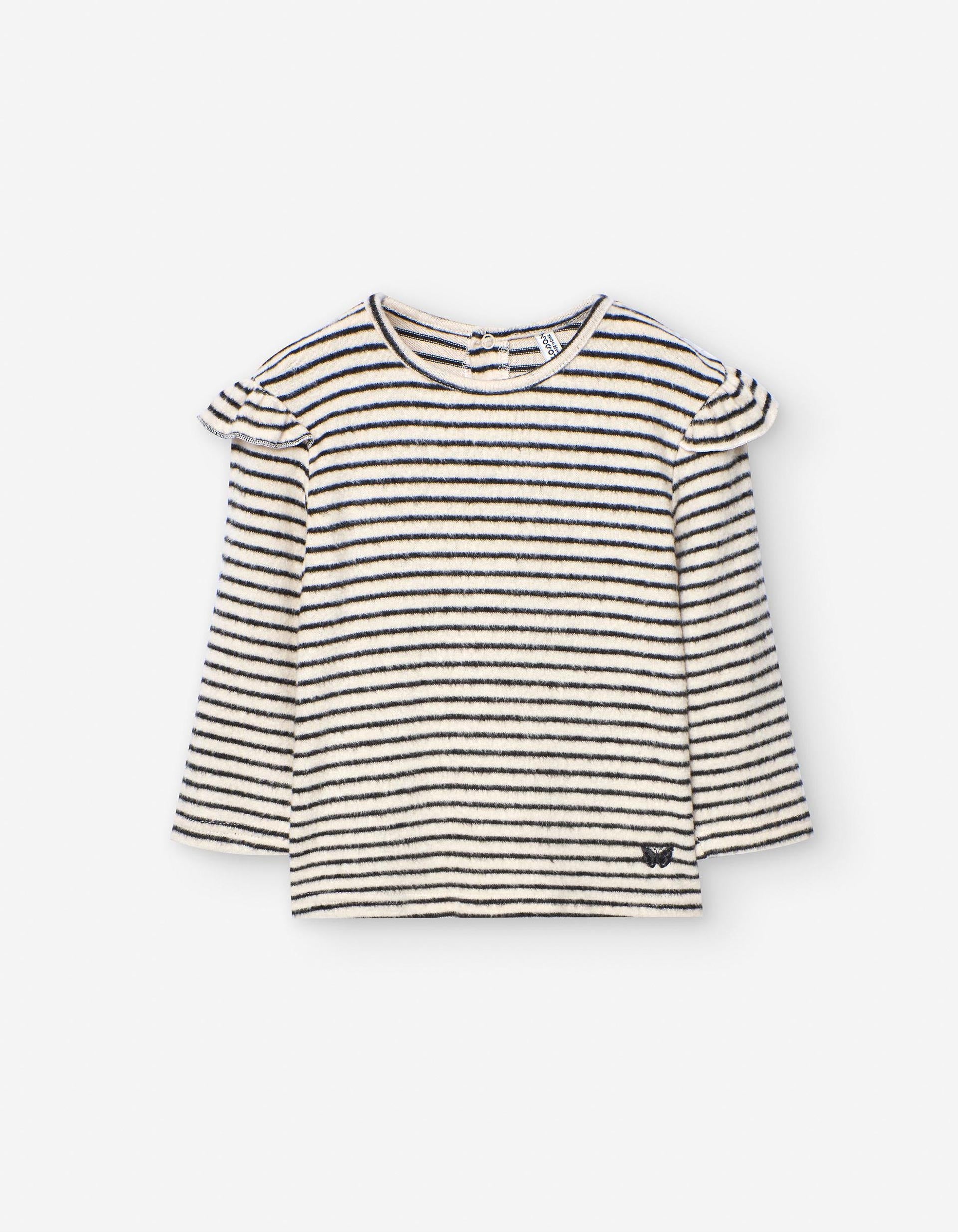 Pull en Maille à Rayures avec Volants pour Bébé Fille, Beige/Noir