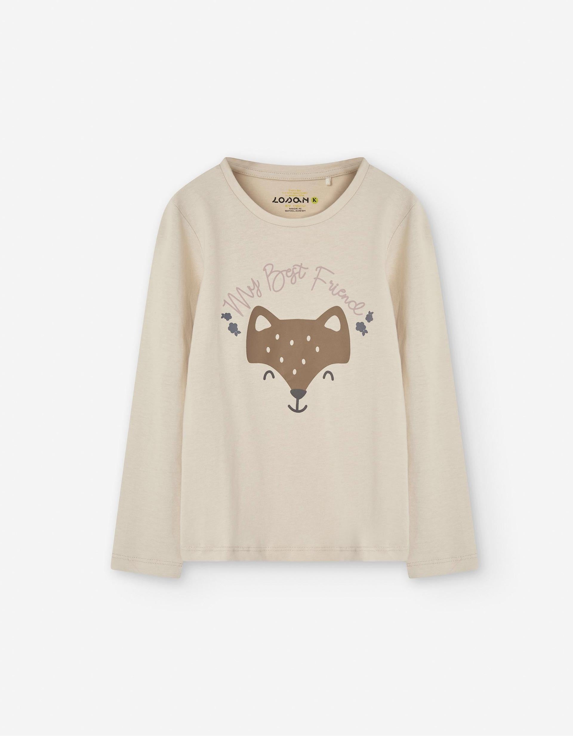 Long Sleeve T-shirt with 'Fox' Print for Girls, Beige