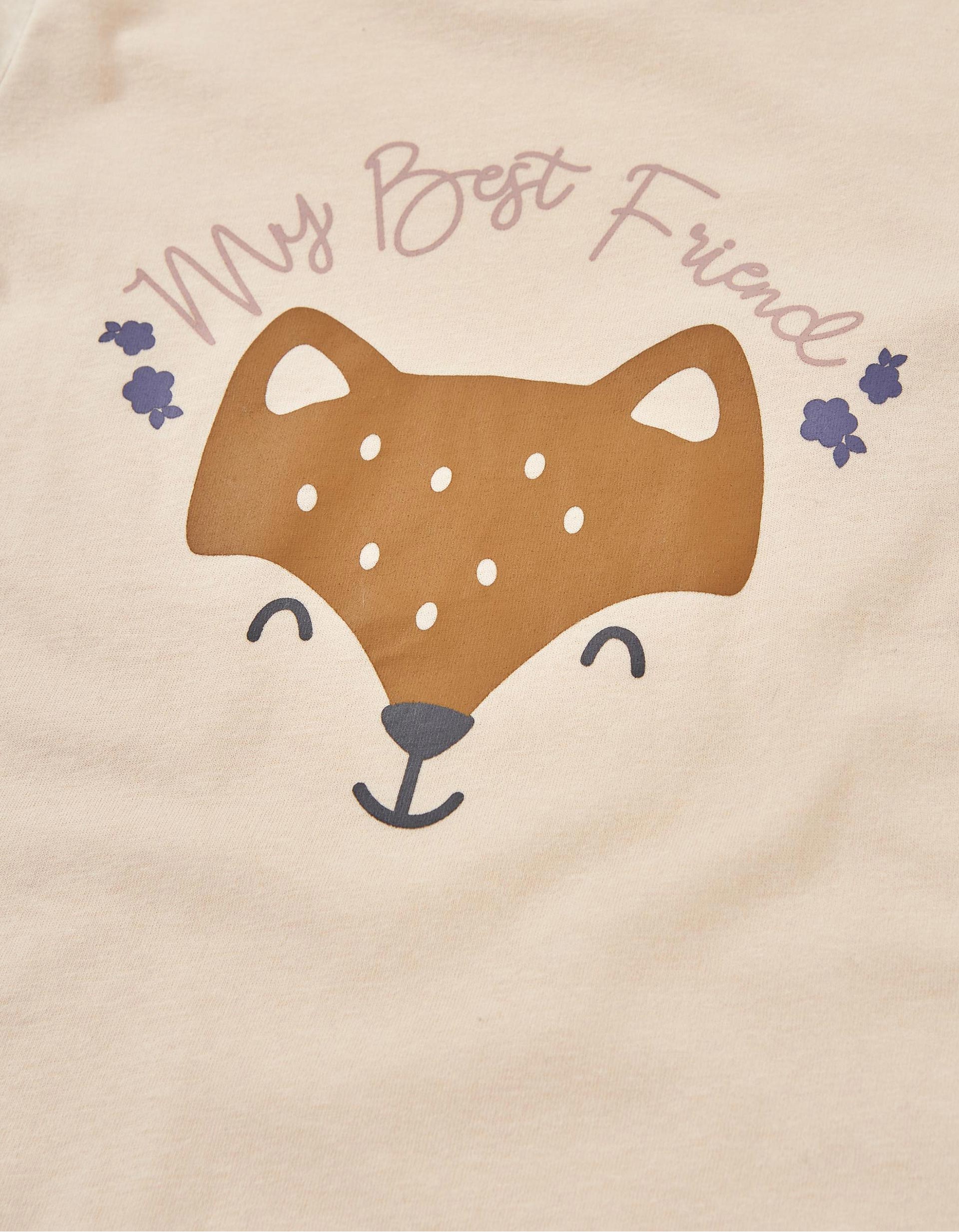 Long Sleeve T-shirt with 'Fox' Print for Girls, Beige