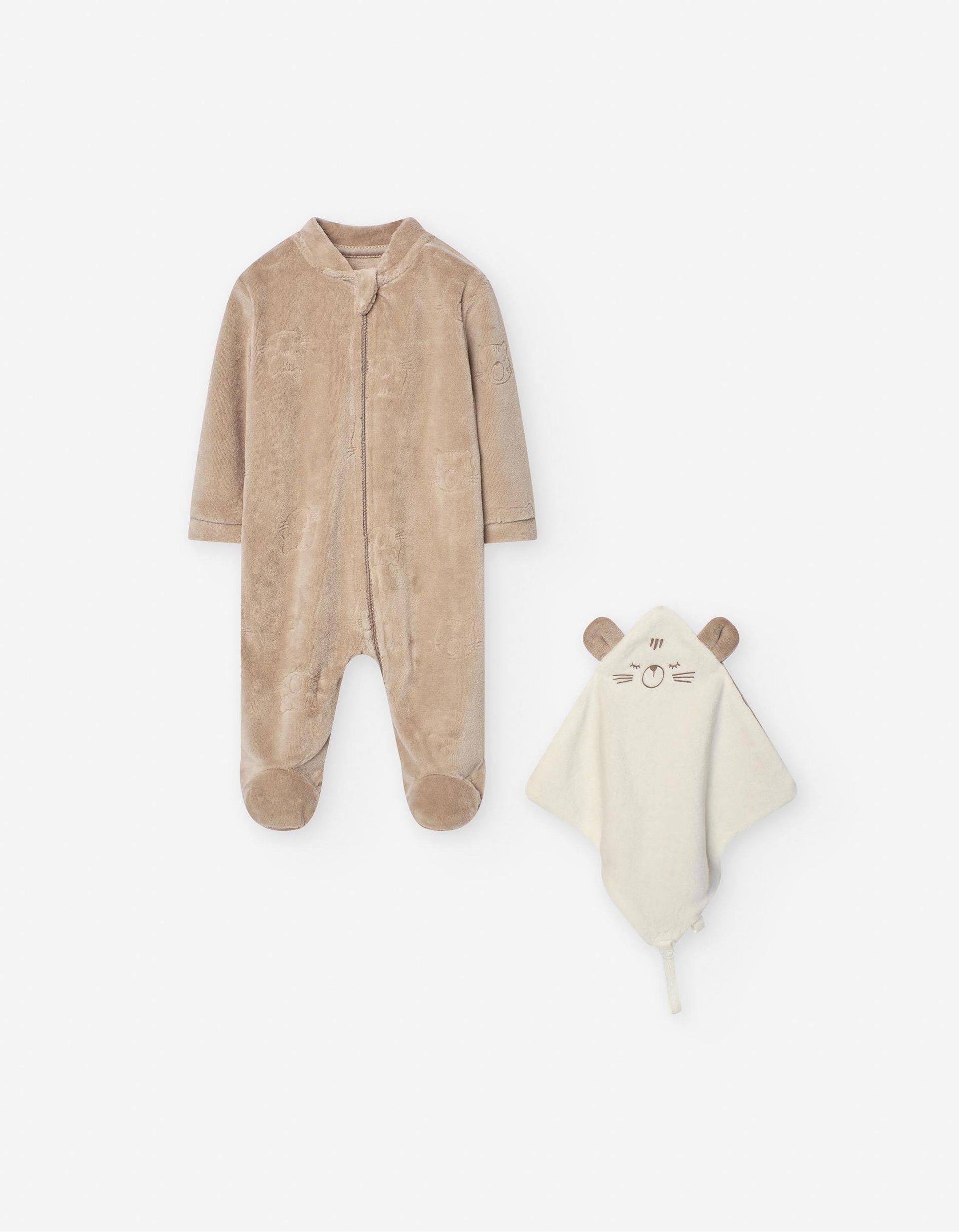 Conjunto Babygrow + Doudou para Recém-Nascida 'Gato', Bege