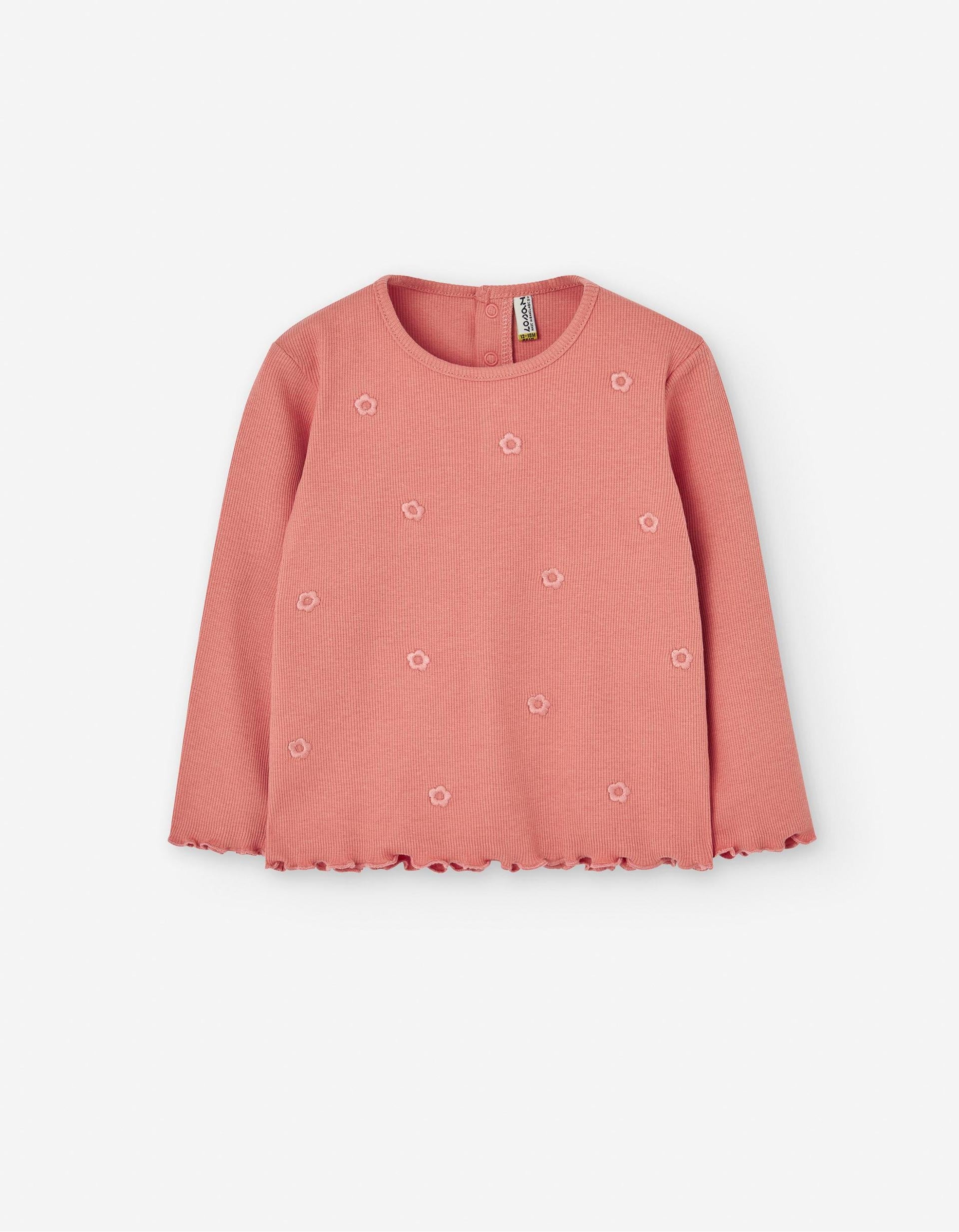 T-Shirt Côtelé avec Broderies pour Bébé Fille, Corail