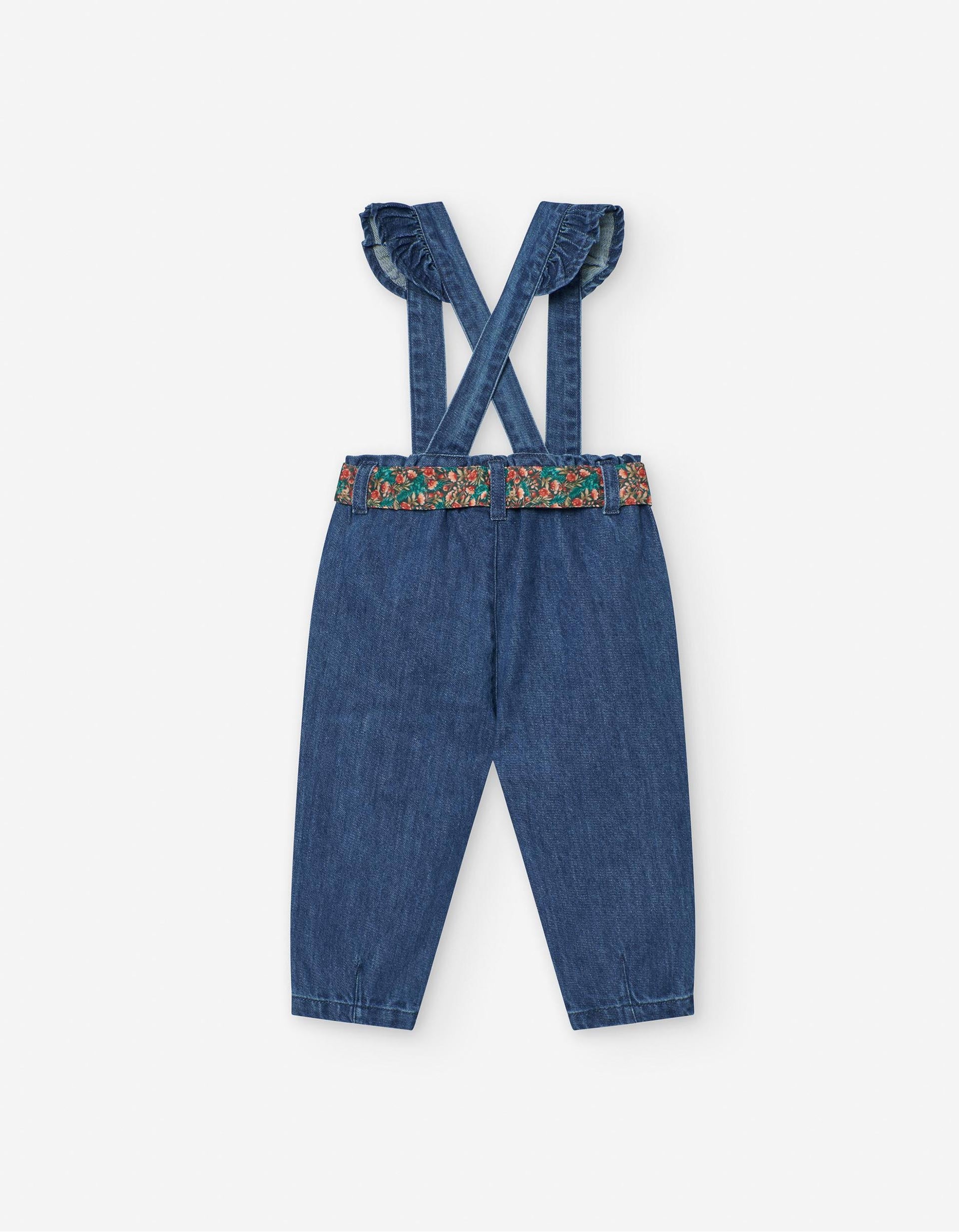 Pantalon en Jean a Bretelles Volants et Ceinture pour Bebe Fille Ble