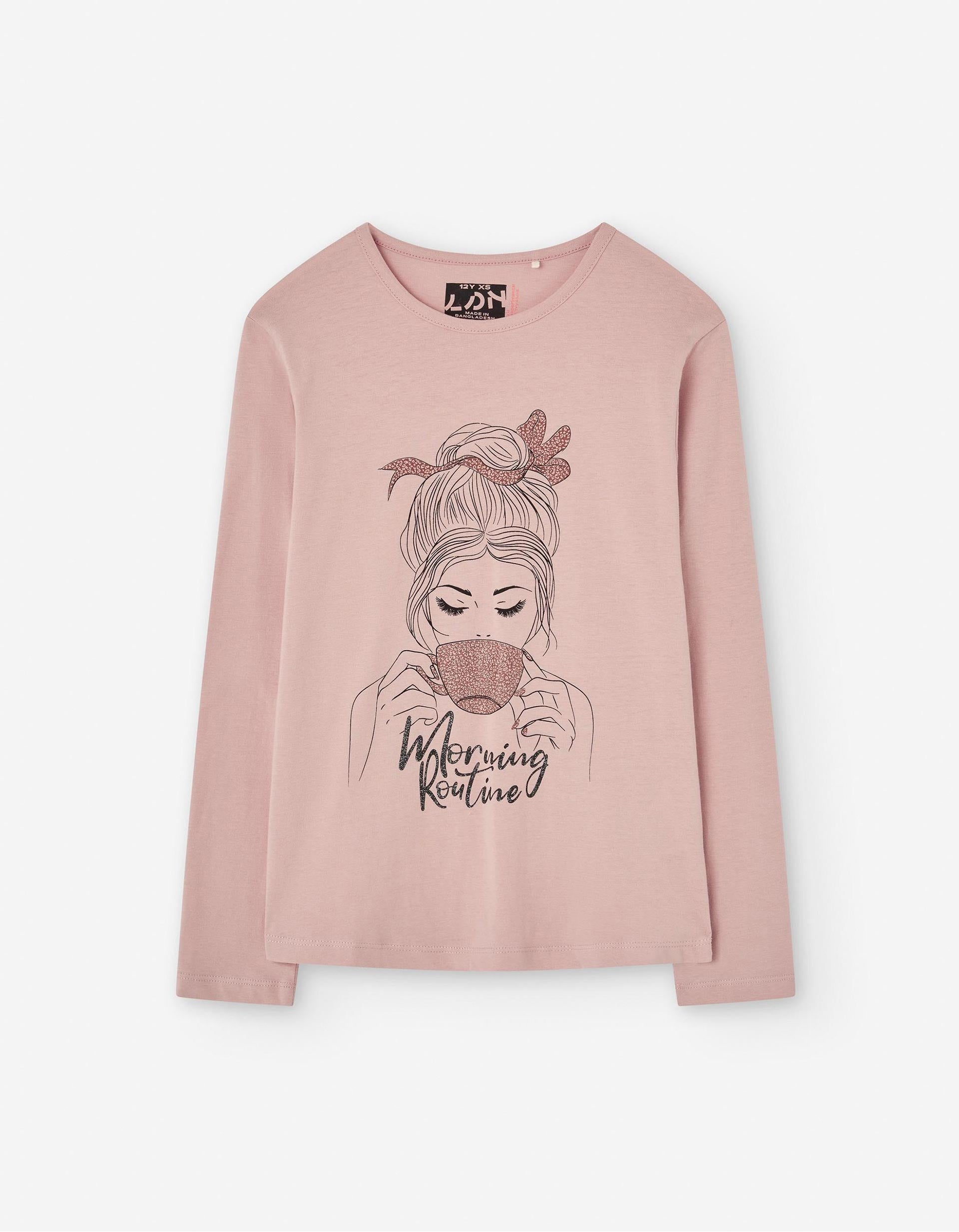 Camiseta de Manga Larga Estampada para Niña 'Morning', Rosa