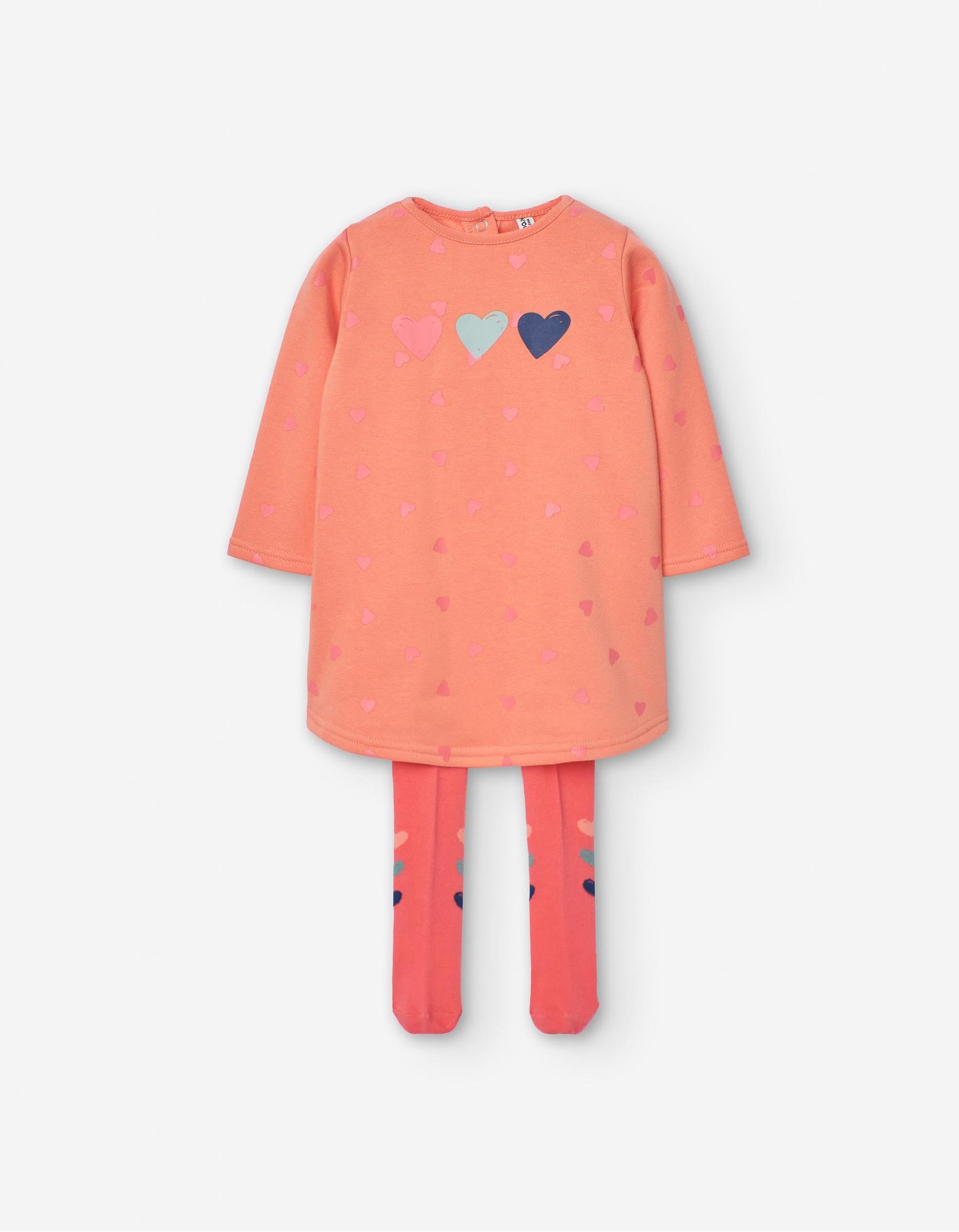 Vestido + Collants para Bebé Menina 'Corações', Coral/Rosa