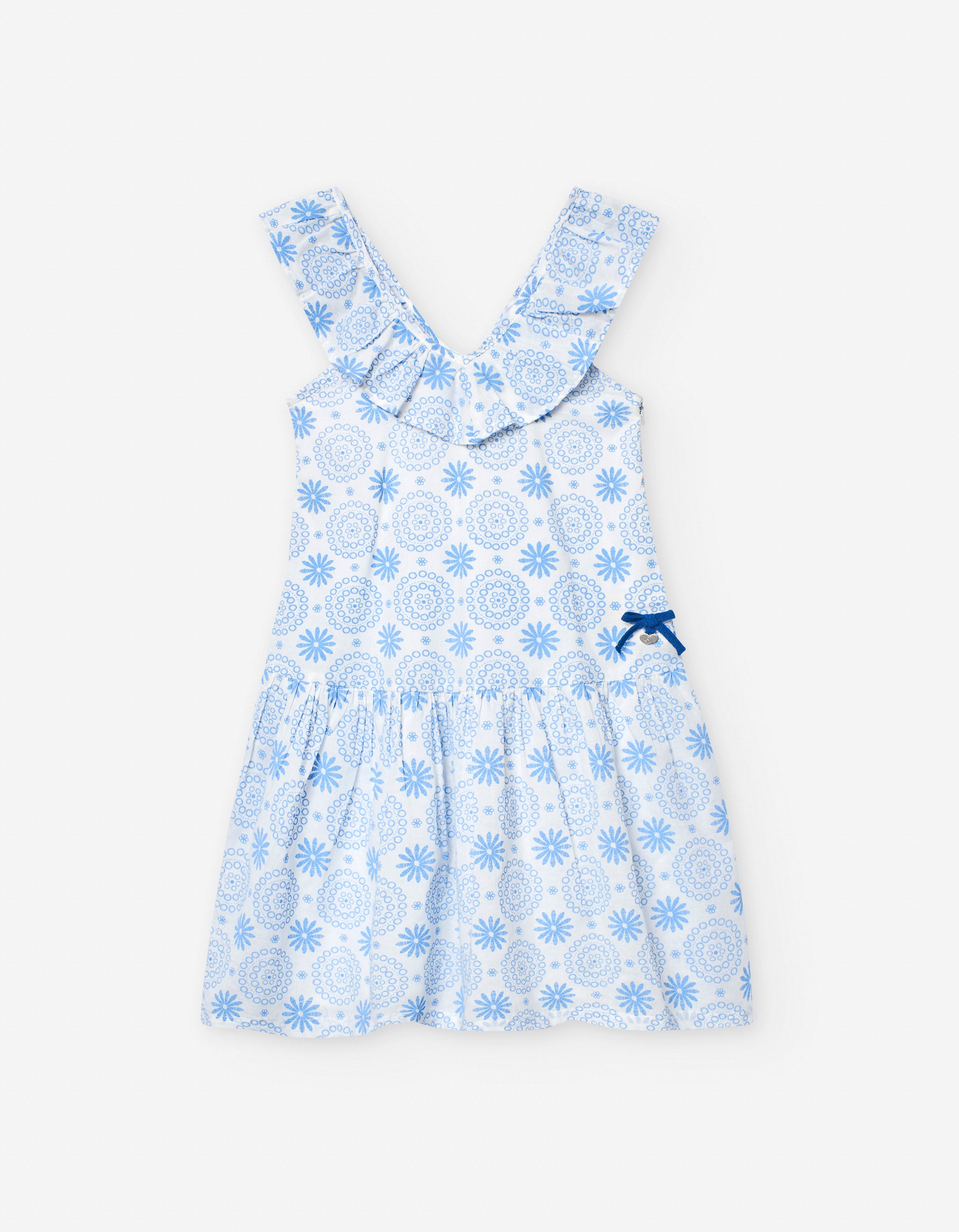 Vestido Floral Escote en V para Niña, Blanco/Azul