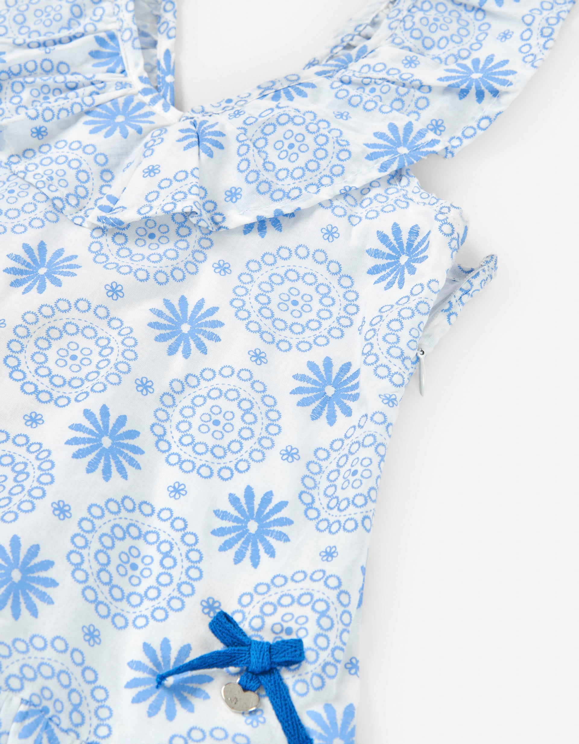 Vestido Floral Escote en V para Niña, Blanco/Azul