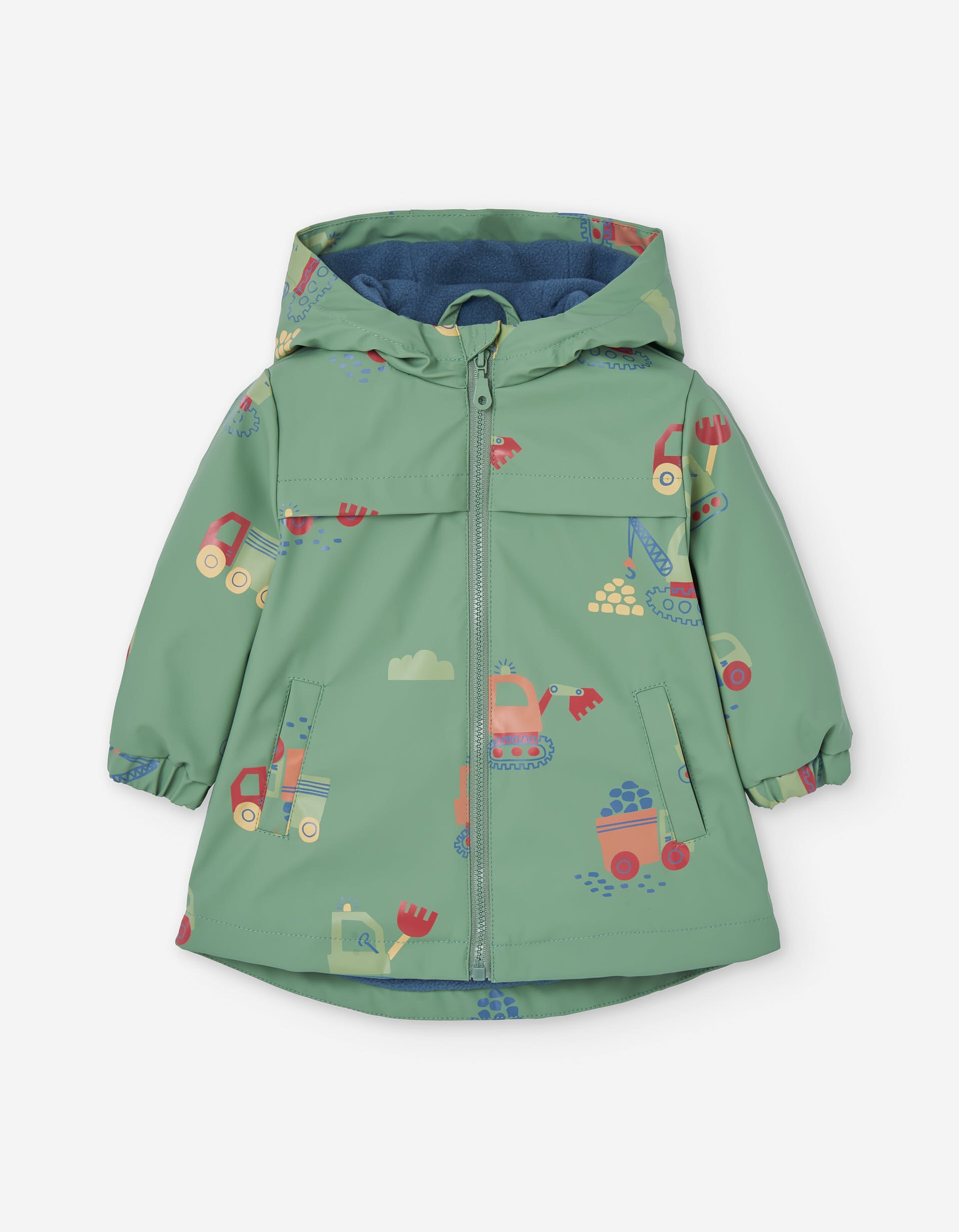 Hooded rubber parka with fleece lining and motif for baby boys, green