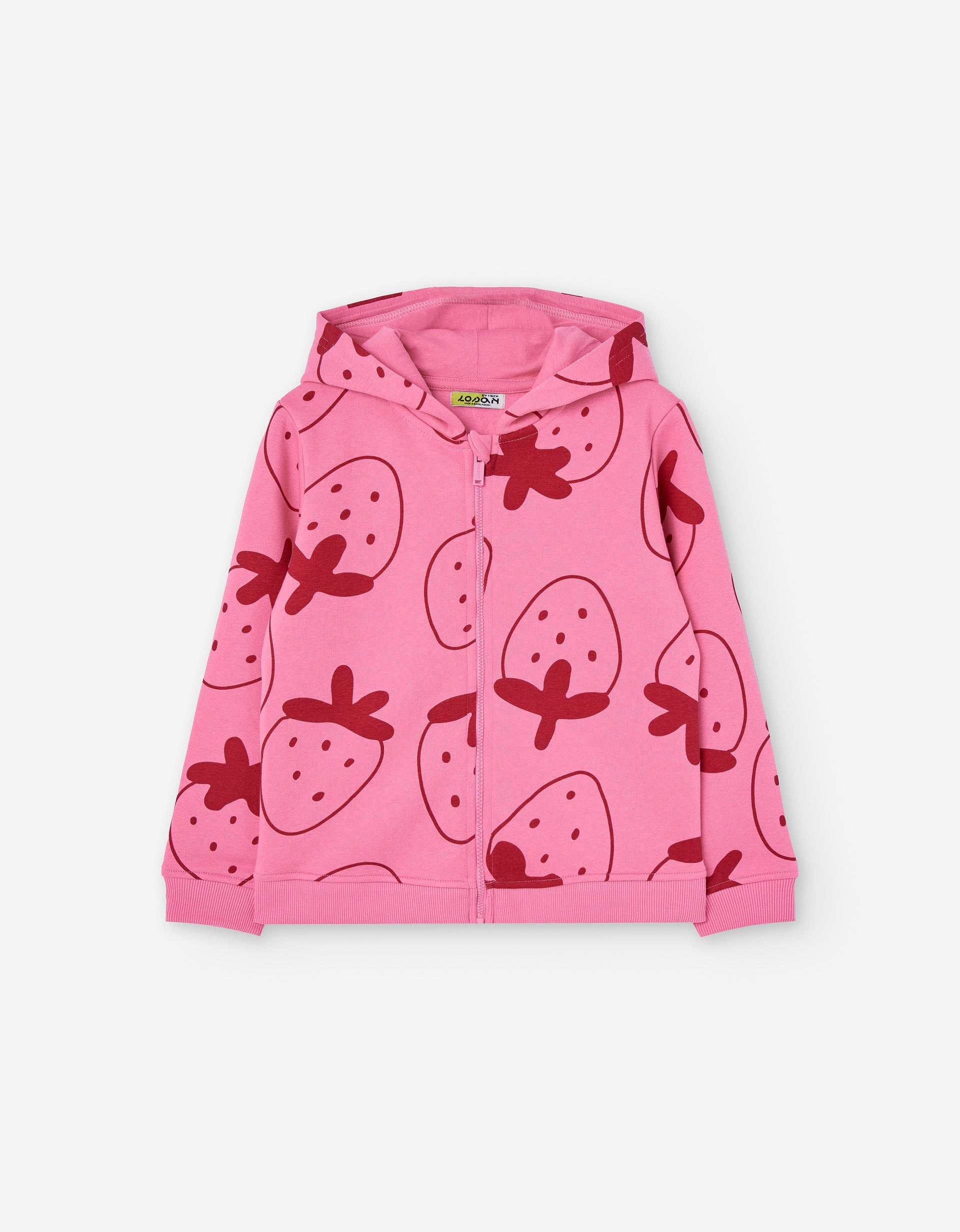 Brushed hooded jacket with strawberry motif for girls, pink